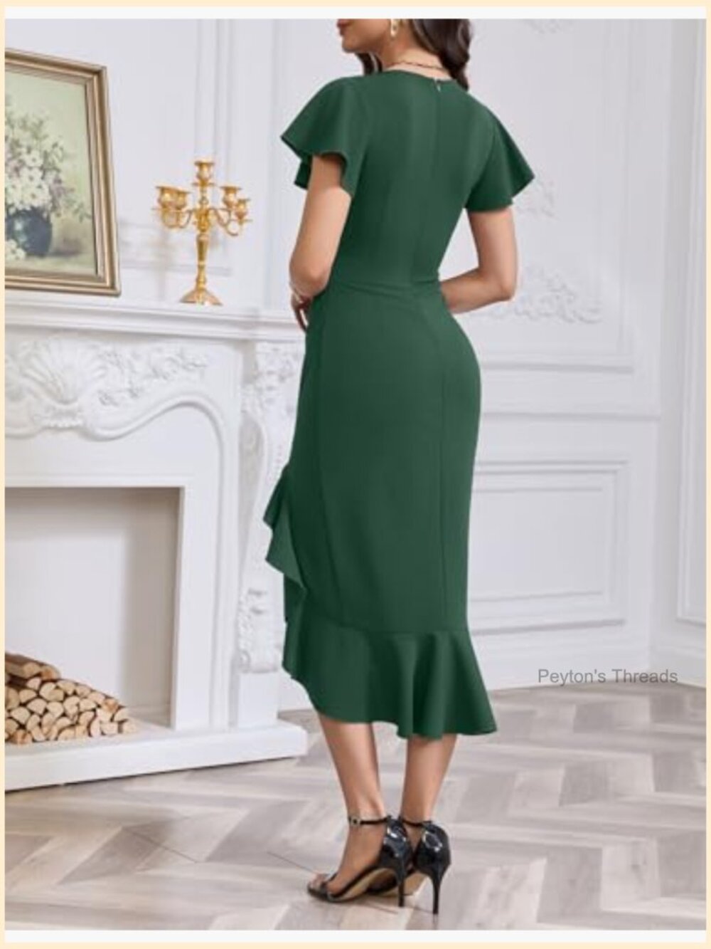 Faux Wrap Ruched Bodycon Midi Dress with Ruffle Hem - Picture 5 of 7